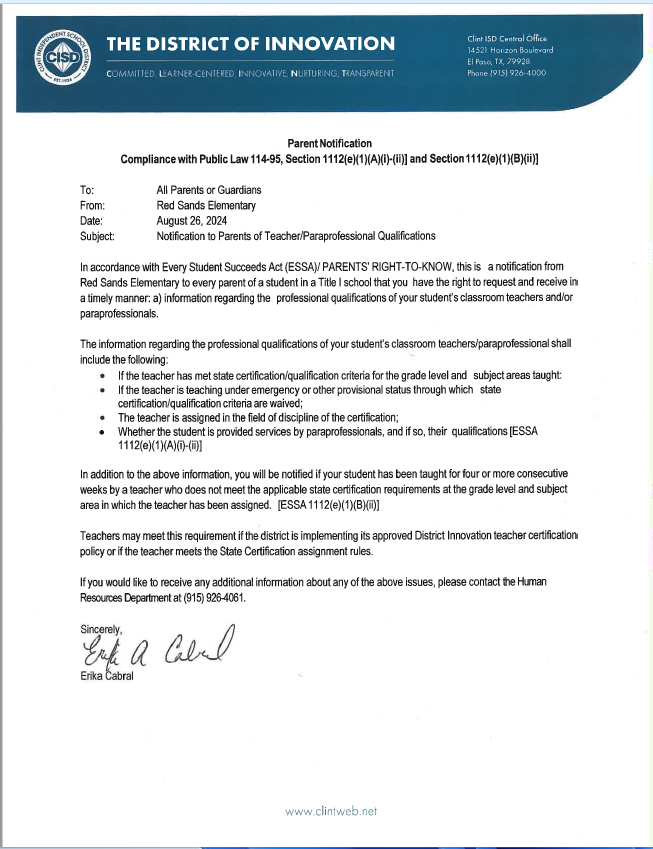Notification to Parents of Teacher/Paraprofessional Qualifications